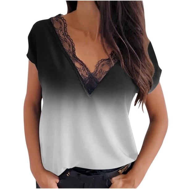 Blusa de encaje estampada con mangas raglán y manga corta con cuello en V para mujer Pompotops hkajfhjk466632