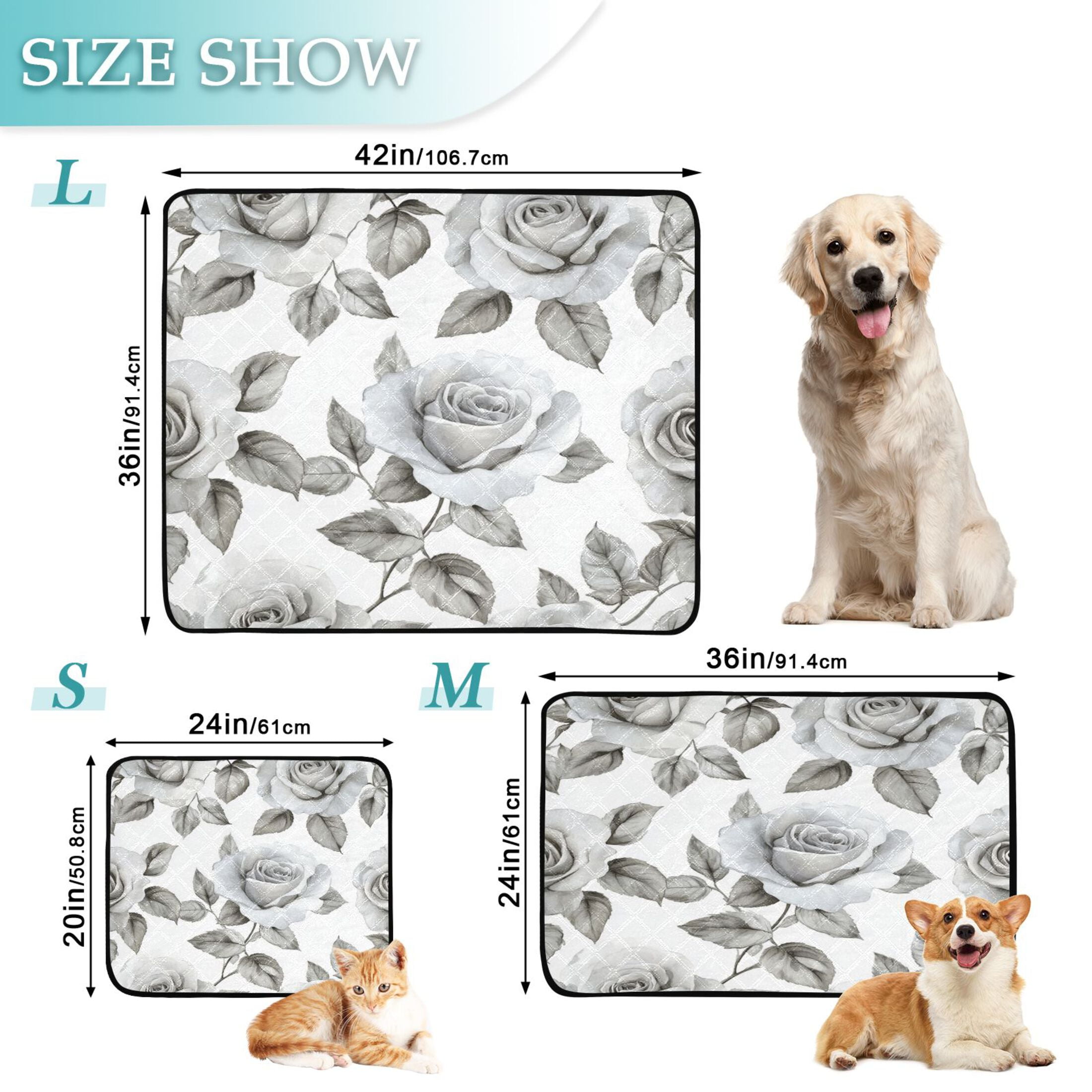 Qxltty Rose Pattern in Gray and White Tones Cat litter Pads Pet Set of 2 Diaper Mats Center Anti-leakage Layer Absorbent Soft and Comfortable