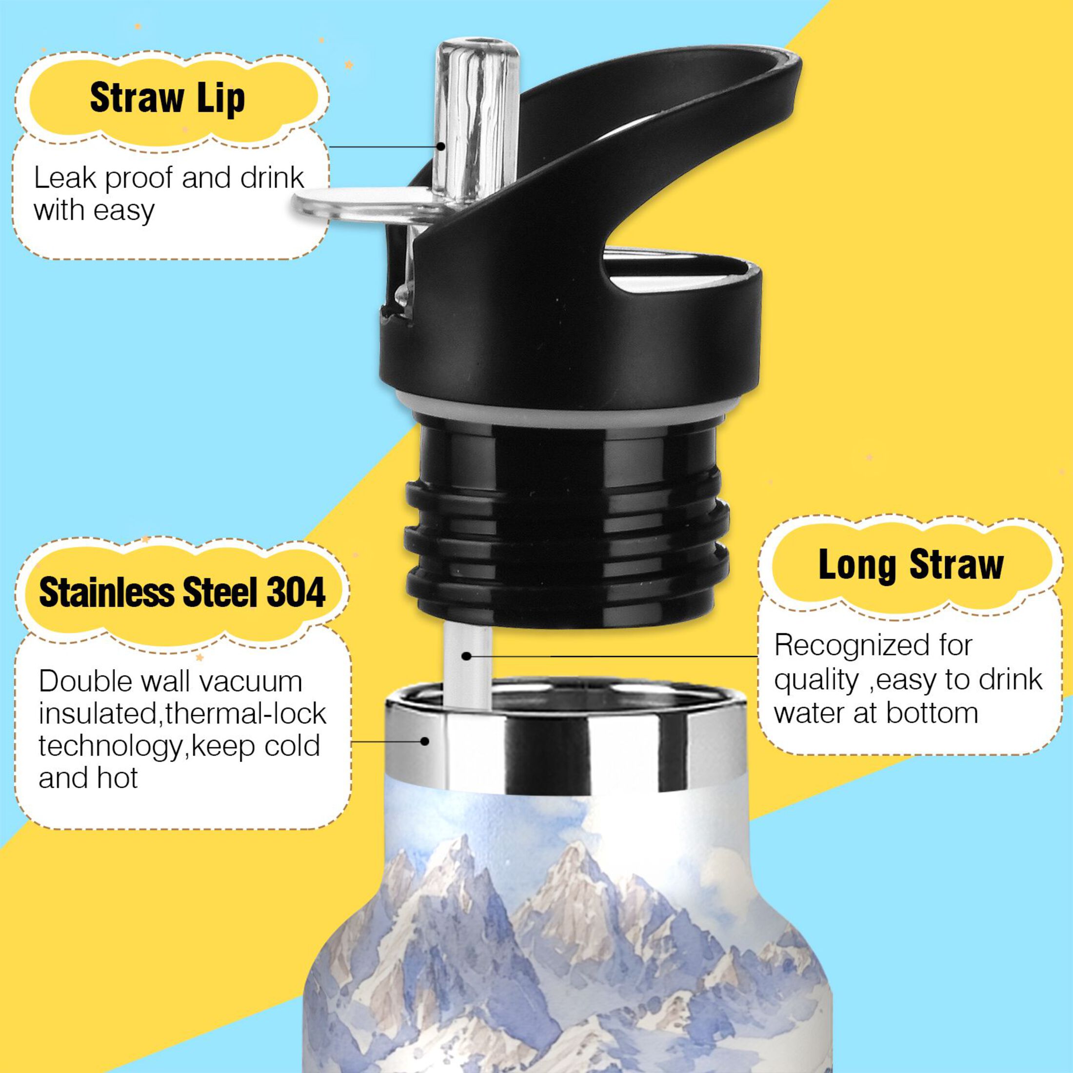 600ML Stainless Steel Insulated Cup Sports Water Bottle Portable Thermos Cup Water Glasses Insulated Tumblers Convenient and Durable Snow Scene
