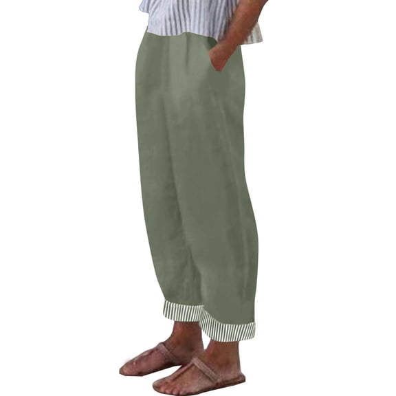 LNWUY Cotton Linen Pants for Women Fashion Summer High Waist Wide Leg Loose Trousers with Pockets Beach Vacation Clothes Green S