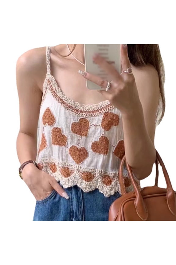 Women Summer Spaghetti Strap Camisole Scoop Neck Lace Trim Sweet Love Heart Embroidery Crop Top Irregular Wavy Hem Slim Mini Sling Vest Beachwear