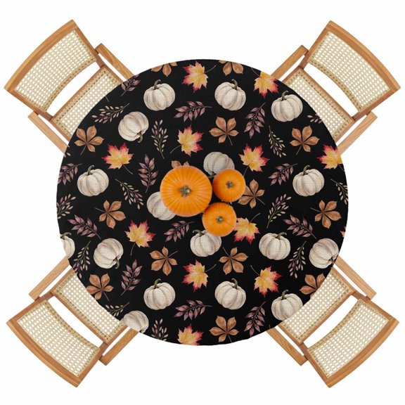 Thanksgiving Pumpkin Maple Leaf Round Fitted Tablecloth with Elastic Edge,Waterproof Table Cloth Fits 36"-44" Tables,Wipeable Table Cover for Indoor Outdoor Dinning Party,Fall Plant Seamless on Black