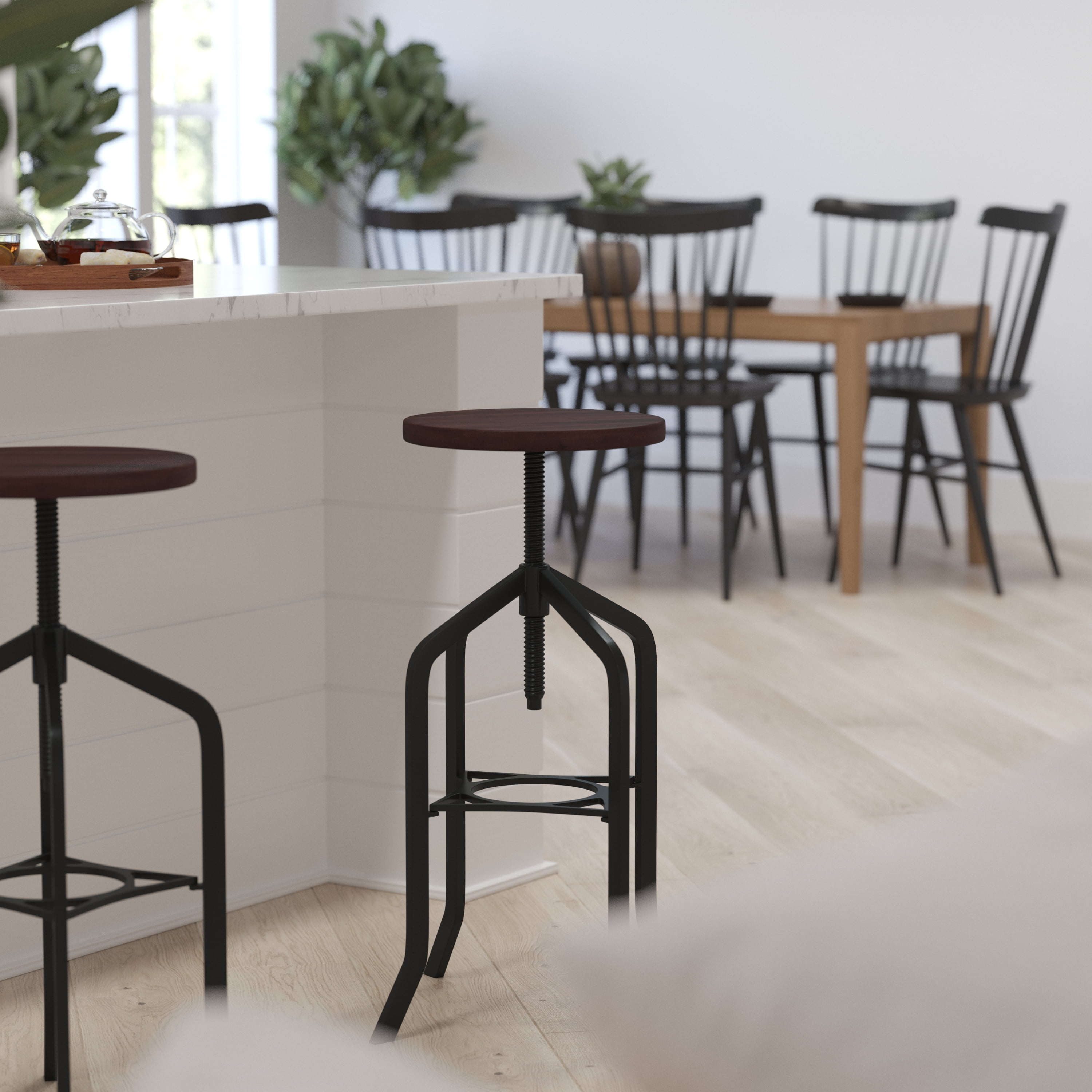 Sleek 30'' Adjustable Black Metal and Wood Swivel Bar Stool