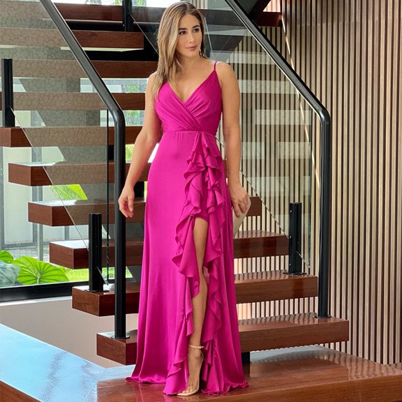 Njagoc3 Womens Long Sleeve Sequin High - Slit Gown, V - Neck, Red Carpet & Formal Event Wear, Glamorous Fit