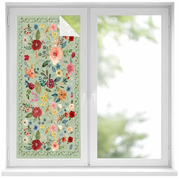 Sage Green Floral Window Privacy Film, Spring Flowers Leaves Farmhouse Static Cling UV Sun Blocking Heat Control Window Tint Day and Night, Non-Adhesive One Way Windows Privacy Cover 17.7''x39.3''