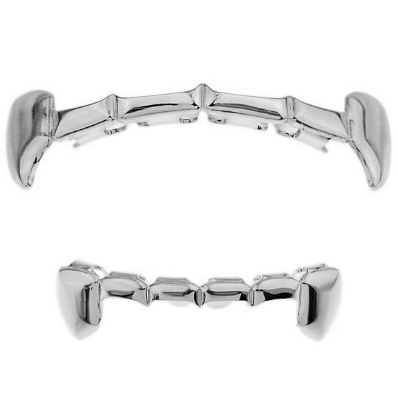 Fang Half Grillz Set Upper Top And Bottom Lower Silver Tone Teeth Hip Hop Vampire Combo Grills