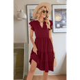 thumbnail image 3 of Womens Summer Dress Ruffle Sleeve V Neck Midi Dresses Wine Red S, 3 of 5