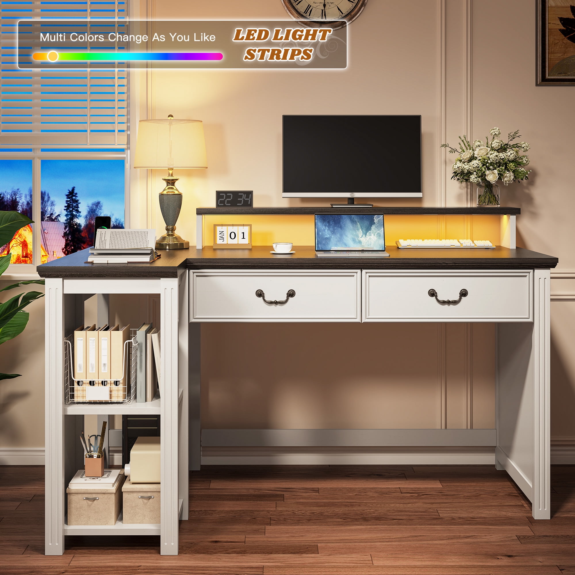 Romorgniz L Shaped Farmhouse Desk with 2 Drawers 55" Computer Desk with Power Outlets & LED Light Office Desk with Monitor Stand & Cabinet for Studying, Writing and Gaming