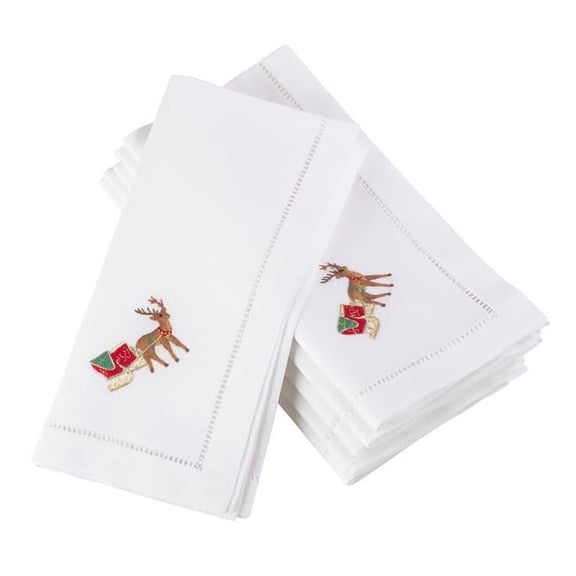 Saro Lifestyle Embroidered Reindeer Christmas Hemstitched Border Napkin (Set of 6 )