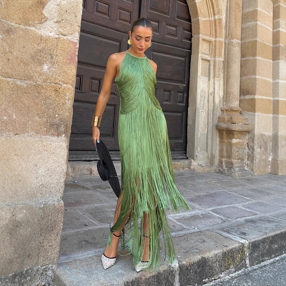 Elegant halter neck tassel long dress for women's parties and gatherings