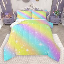 Manfei Colorful Fairy Tale Full Size Comforter Sets,Rainbow Lines Striped Bedding Comforter Set,Gradinert Blue Yellow Pink Bedding Sets For Girl Teens,Ultra Soft Home Decor Reversible,3pcs