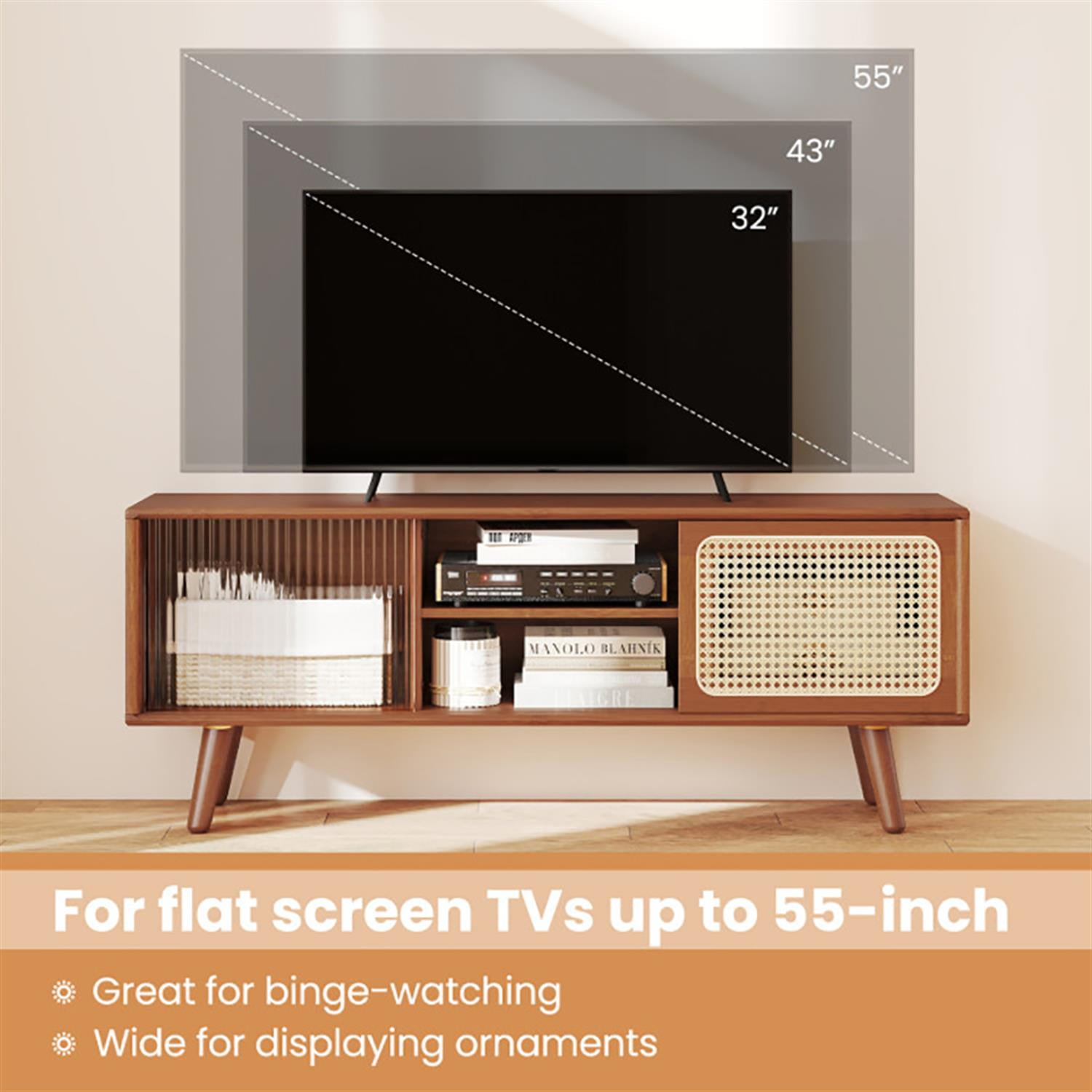 Demi Bonn TV Stand for 50" TVs, Entertainment Center with Rattan Glass Sliding Doors, Modern Media TV Console Table for Living Room Bedroom, Brown