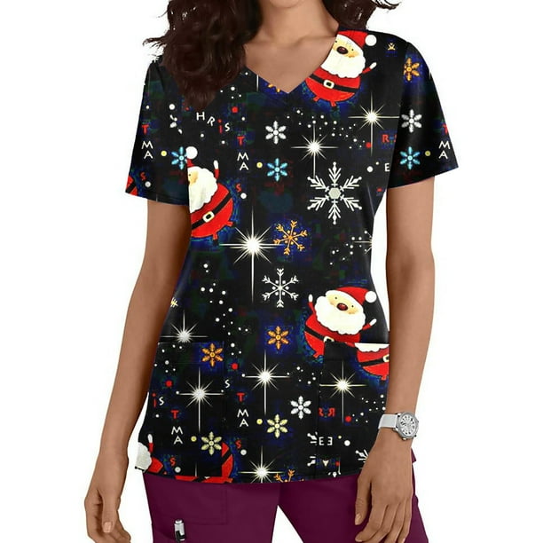 Pntutb Moda para mujer Camisetas de manga corta con cuello en V Uniforme de trabajo Estampado de Navidad con tops de blusa de bolsillo Pntutb Pntutb-5675
