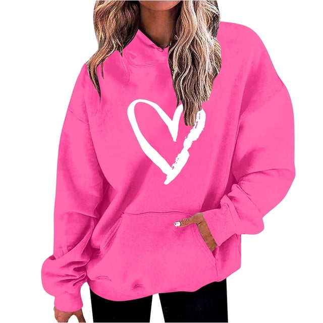 Penkiiy Mode Décontractée pour Femmes Impression de la Saint-Valentin Hauts à Manches Longues Chandails en Molleton m Rose Vif