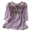 thumbnail image 5 of Summer Women Boho T-Shirts Floral V Neck Embroidered Tops Short Sleeve Loose Casual Flowy Trendy Shirts Purple 2XL, 5 of 6