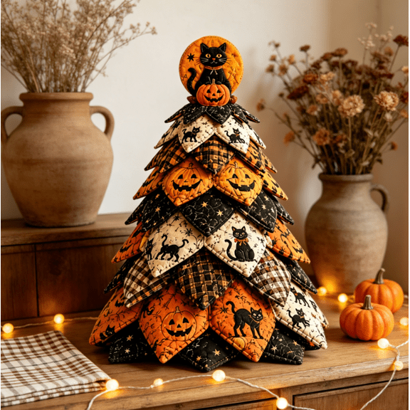 DIY Halloween Quilted Fabric Tree Kit - Quilted Patchwork Fabric Halloween Tabletop Tree, Autumn Mantel Ornament for Adult Rustic Farmhouse Seasonal Display (Black Cat Tree)