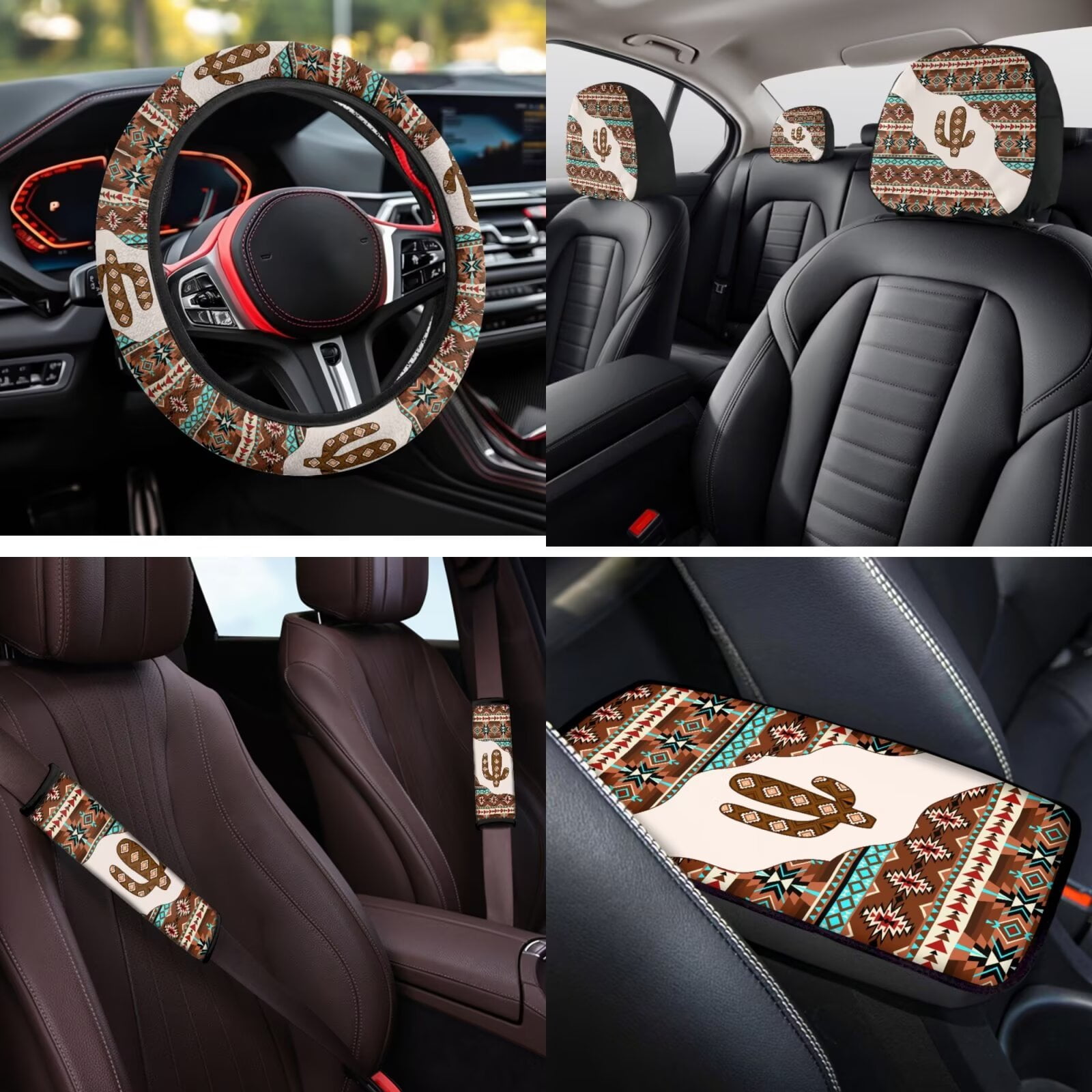 HUIACONG Aztec Cactus Print Car Seat Covers Full Set Western Car Accessories Seat Covers Front and Back with Armrest Cover Steering Wheel Cover Seat Belt Pads Headrest Cover Coasters Keychain,14 Pcs