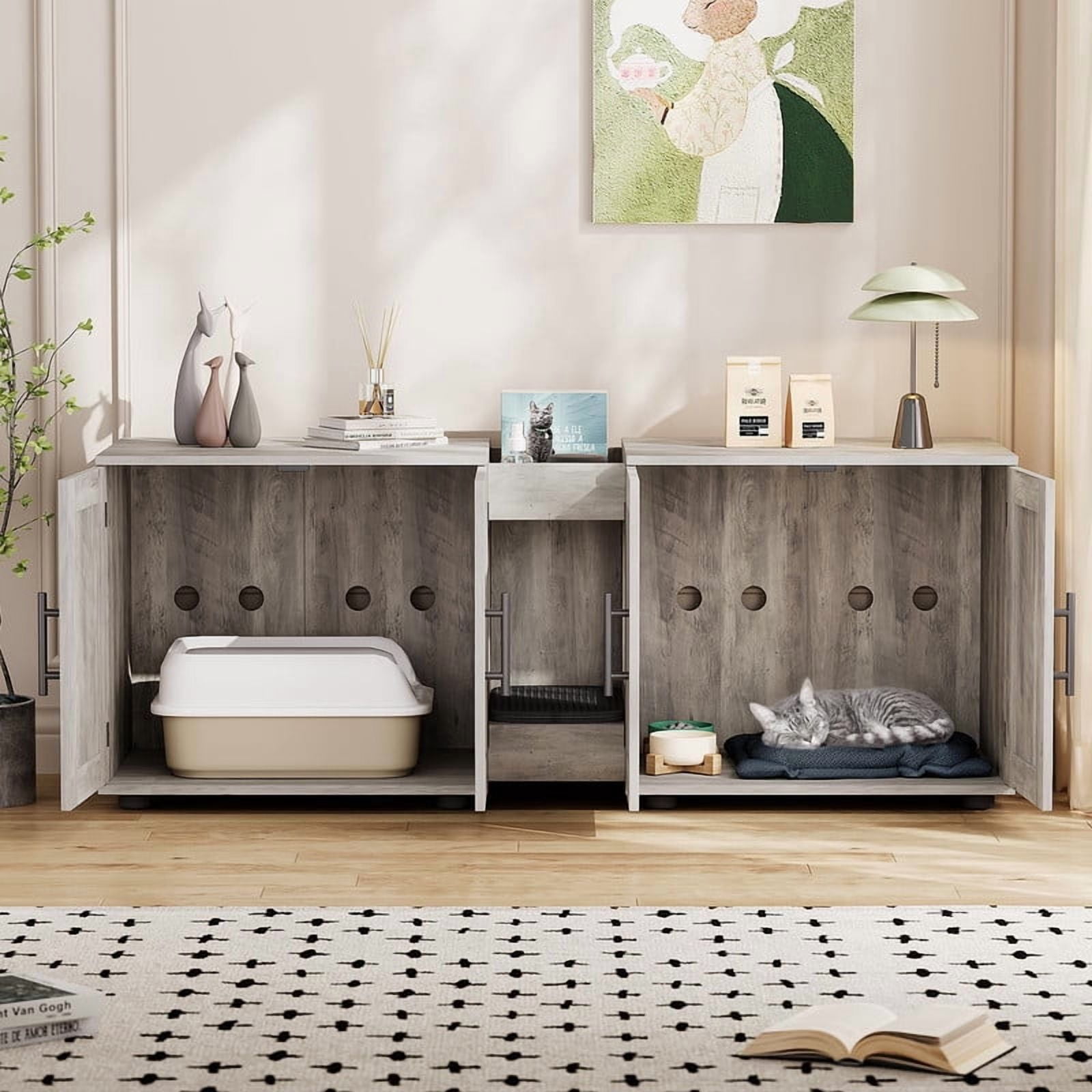 TROPOW Double Litter Box Enclosure,55" Furniture for 2 Cats, TV Stand,Waterproof Easy-Clean Surface,Cabinet Buckles & Storage Grooves,Suitable for living room, furniture decoration