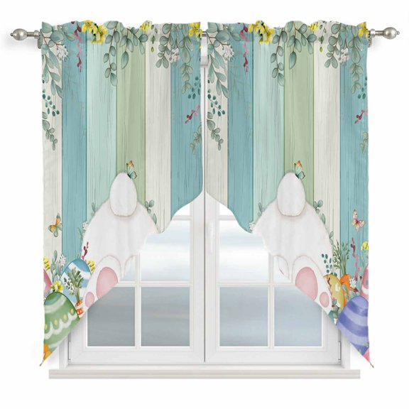 Cute Easter Bunny Swag Valances for Windows 2 Pack, Kitchen Window Curtains 36 Inch Length, Eucalyptus Leaves Colorful Eggs Wooden Privacy Swag Curtains for Living Room/Bathroom 36"x36"