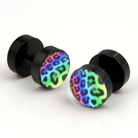 Rainbow Titanium Anodized - BodyJ4You Fake Plugs Leopard Rainbow Stainless Steel Black Titanium Anodized 16G Studs Cheater Jewelry