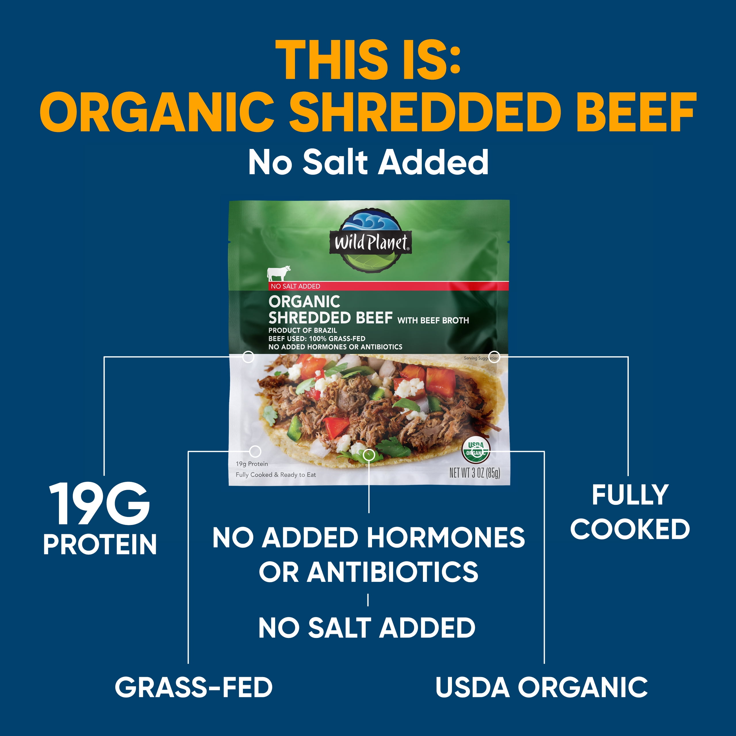 (2 pack) Wild Planet Organic Shredded Beef, 100% Grass-Fed, 3 oz Pouch