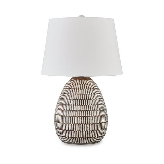 Signature Design by Ashley Darrich Metal Table Lamp, Distressed Beige & White, 15" Tall, Modified Drum Shade