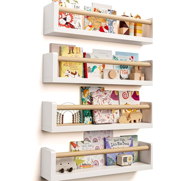 Nursery Book Shelves with and Wall Book Shelves for Kids Room 4 Pack, White Wood