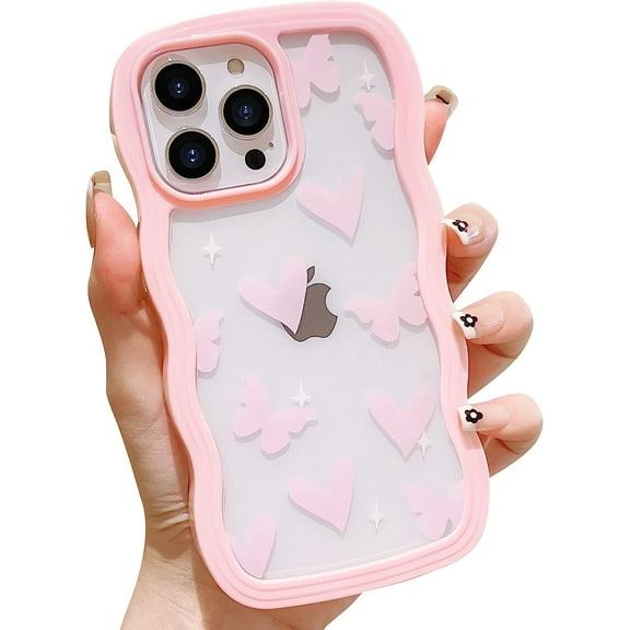 Compatible with iPhone 13 Pro Phone Case Butterfly Heart Cute Pattern for Women Girls Aesthetic Kawaii Wave Edge Protection Soft TPU Transparent Case for iPhone 13 Pro-Pink