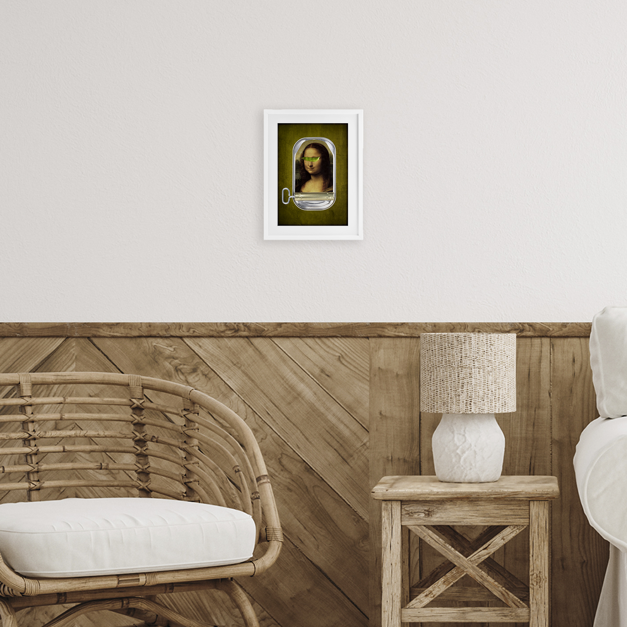 Canned Mona Lisa White Framed Print Under Glass, design by Elo Marc
