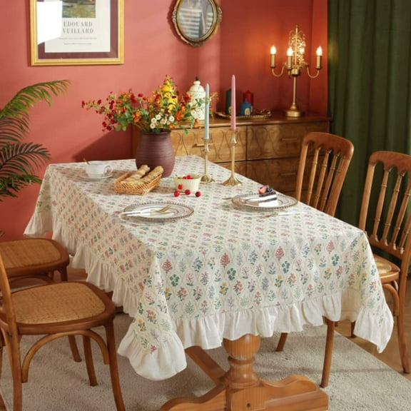 Tablecloth with Ruffle, Spring Florals Print Decorative Tabletop Moroccan Tile Geometric Plaid Rectangle Oblong Table Cover for Kitchen Dining Room Party Decor (Ruffle,150*200cm)