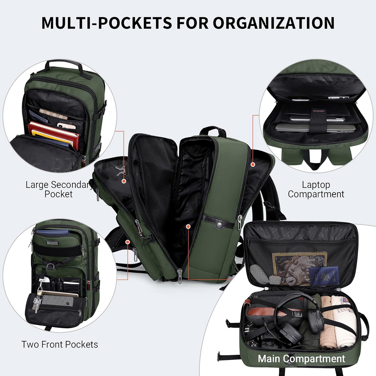 WITZMAN Carry On Travel Backpack for Men Convertible Nylon Backpack 3 in 1 Bag fit 17 Inch Laptop for Airplane 45L,B688 Army Green