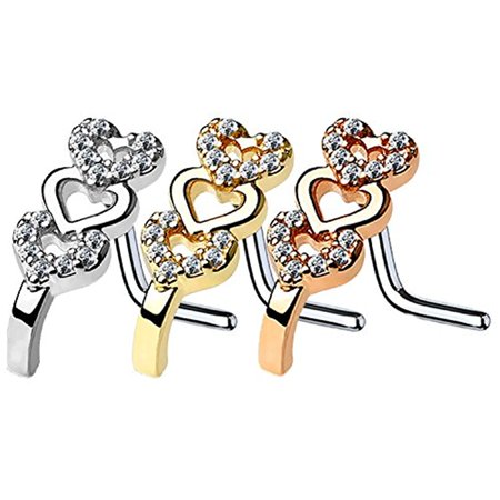 Cubic Zirconia Nose Screw - BodyJ4You 3PC Nose Ring L-Shape Stud 16G Paved CZ Hearts Steel Nostril Screw Women Piercing Jewelry