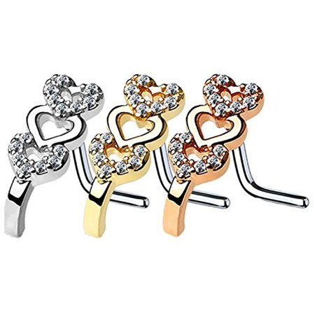 BodyJ4You 3PC Nose Ring L-Shape Stud 16G Paved CZ Hearts Steel Nostril Screw Women Piercing (Best Metal For Nose Ring)