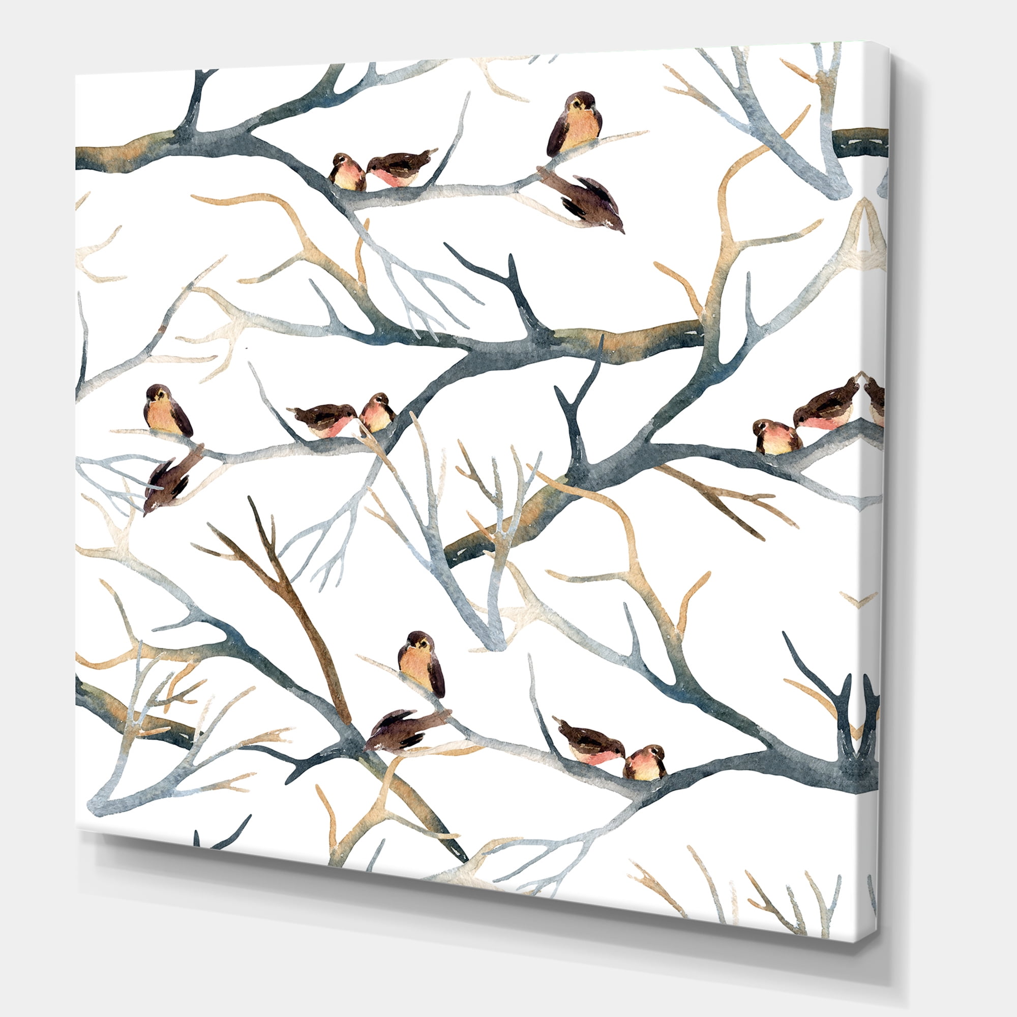 Little Birds Sitting On The Tree Branches I 30 in x 30 in Painting Canvas Art Print, by Designart