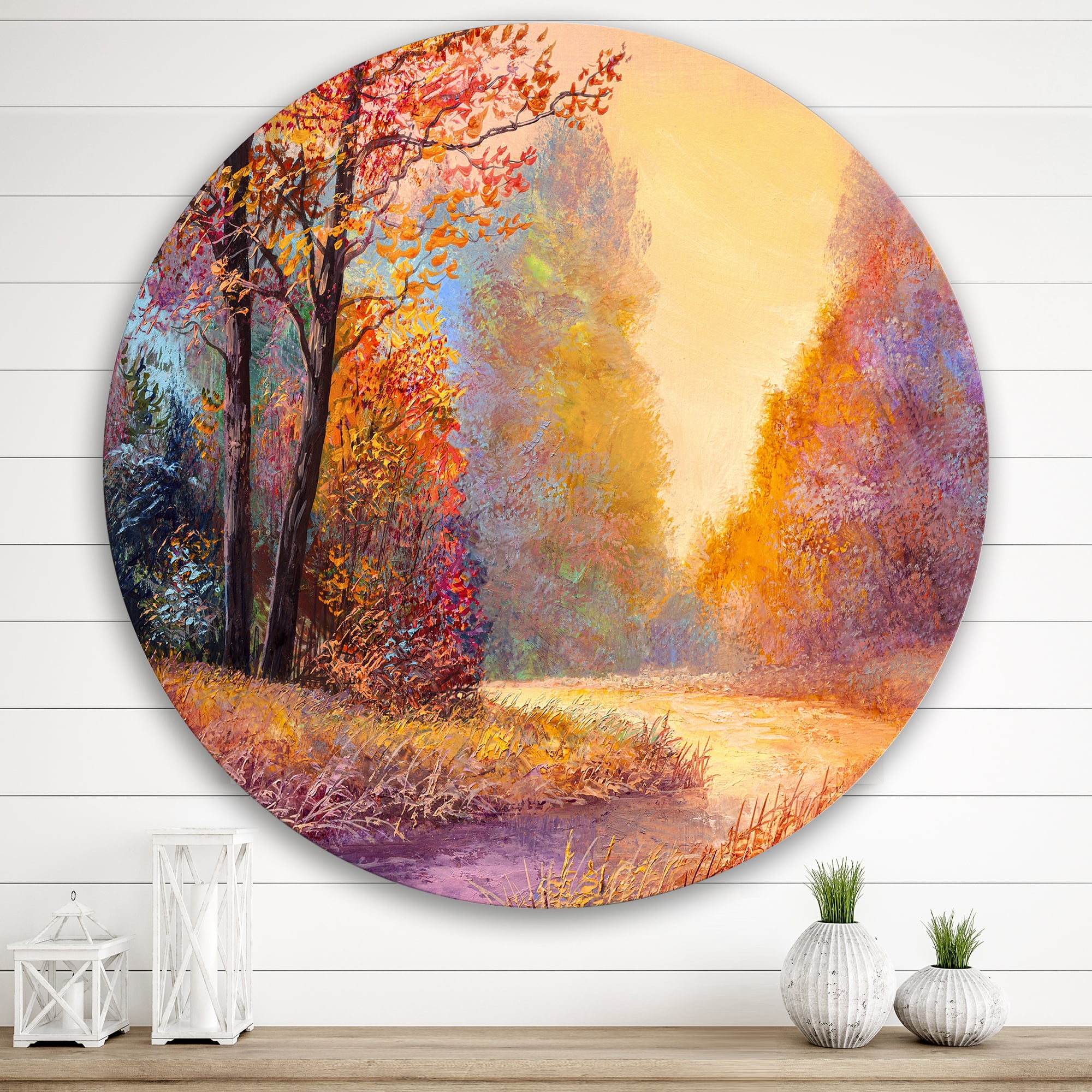Designart 'The Autumn Forest Orange Leaves Landscape With Path' Lake House Circle Metal Wall Art 36x36 - Disc of 36