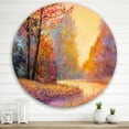 thumbnail image 2 of Designart 'The Autumn Forest Orange Leaves Landscape With Path' Lake House Circle Metal Wall Art 36x36 - Disc of 36, 2 of 5