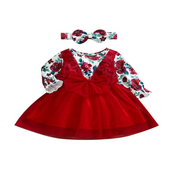 Girls Sets Long Sleeve Floral Mesh Patchwork Dress Headband