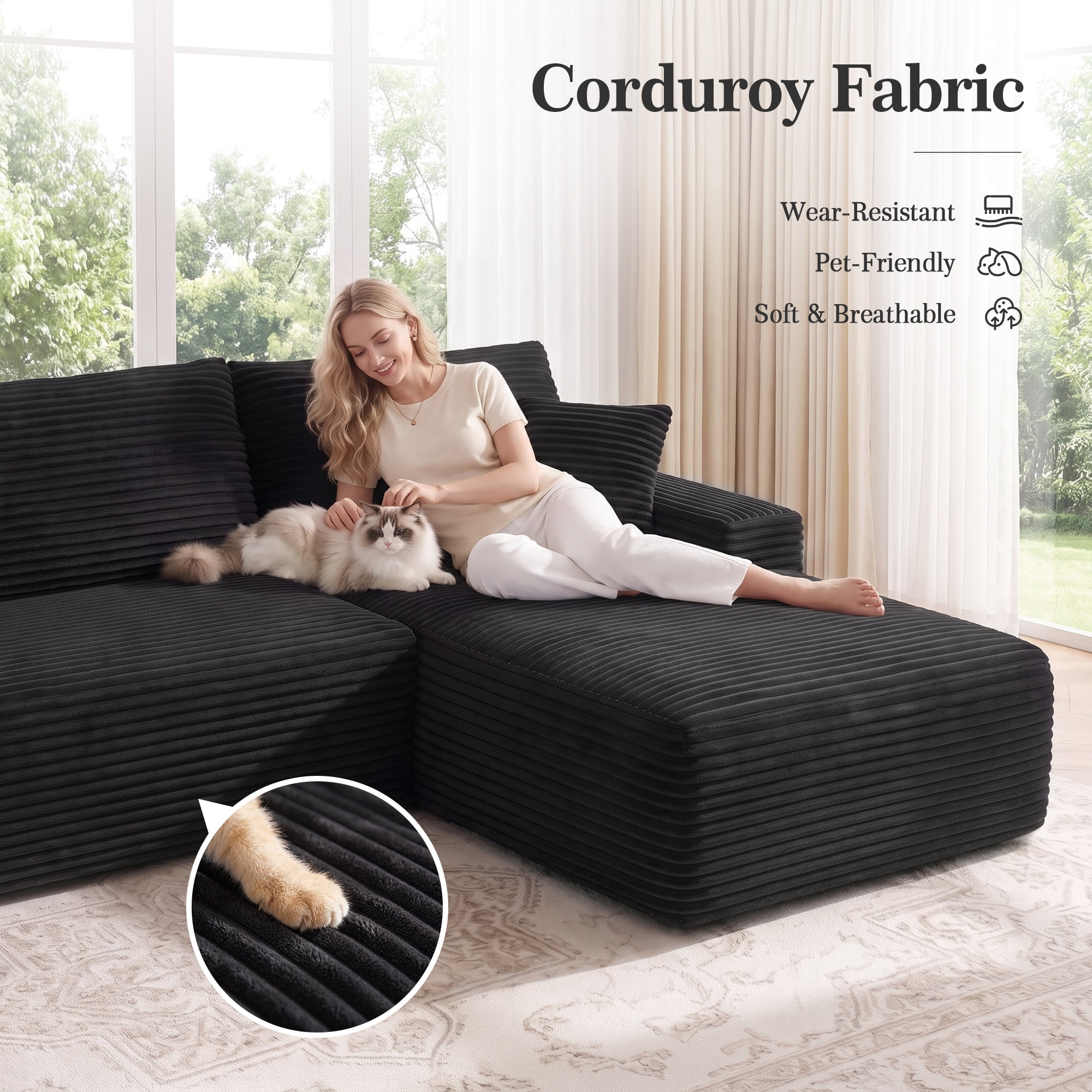 Aukfa 107" Boneless Modular Sectional Sofa, L-Shaped Corduroy Couch with Deep Seat and Right-Facing Chaise for Living Room, Black