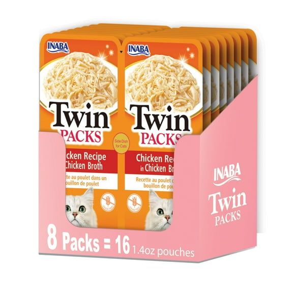 INABA Packs Jumeaux pour Chats, Poulet Râpé & Bouillon, Plat d'Accompagnement/sachet de Compote, 1,4 Onces par Portion, 16 Portions, Recette de Poulet en Bouillon de Poulet