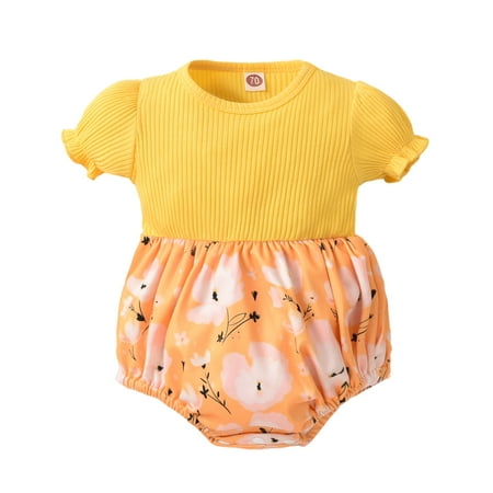 

Puloru Baby Girls Casual Romper Yellow Short Sleeve Round Collar One-piece