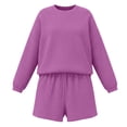 thumbnail image 6 of 2 Piece Ribbed Knit Loungewear Set Women's Long Sleeve Crew Neck Tops Elastic Waisted Shorts, Loose Comfortable Outfits Purple S, 6 of 7
