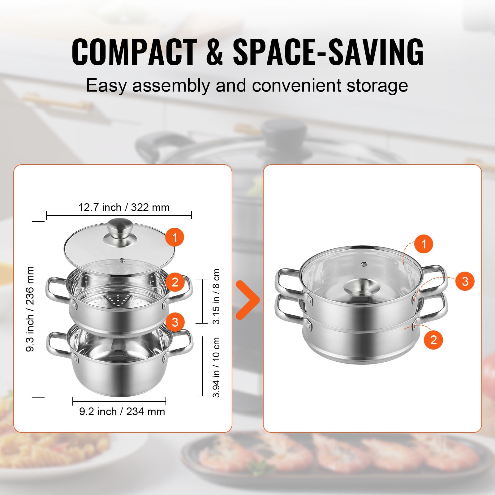 BENTISM Steamer Pot, 8.66in/22cm Steamer Pot for Cooking with 3QT Stock Pot and Vegetable Steamer, Large Capacity Stainless Steel Food Steamer Cookware with Lid for Gas Electric Induction Grill Stove