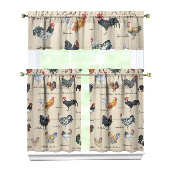 Kitchen Curtains 36 Inch Short - 3 Panel Set with Cute Farmhouse Egg & Chicken Print, Rod Pocket Window Curtain, 100% Polyester for Rustic Coop, Farm Kitchen, Easy Wash