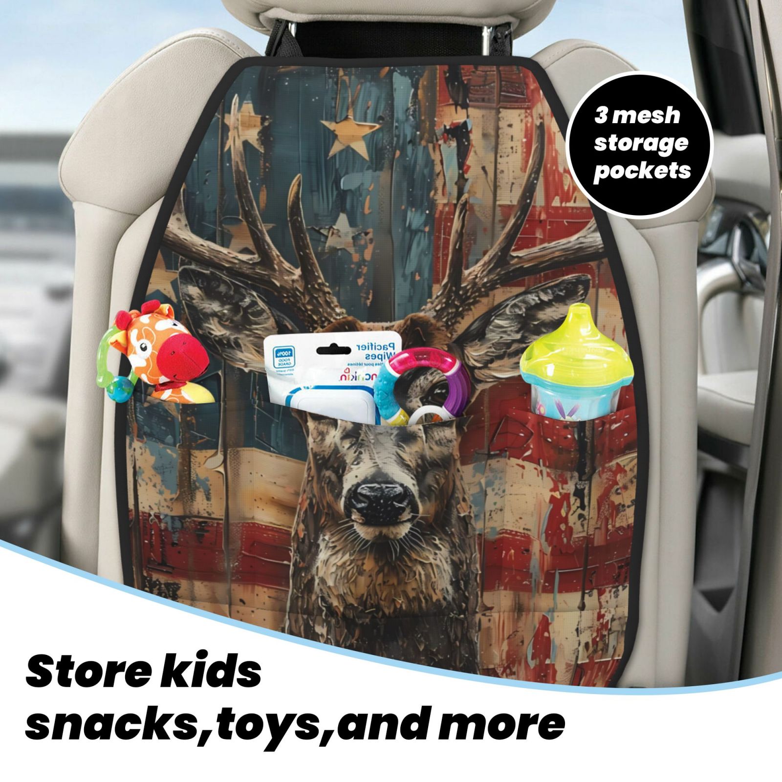Kdxio American Flag Deer Art Print 2 Pack Car Kick Mat Seat Cover Back Protector Mat with Pockets for Organizer Backseat Protector and Storage Anti Kick Pad for Vehicles