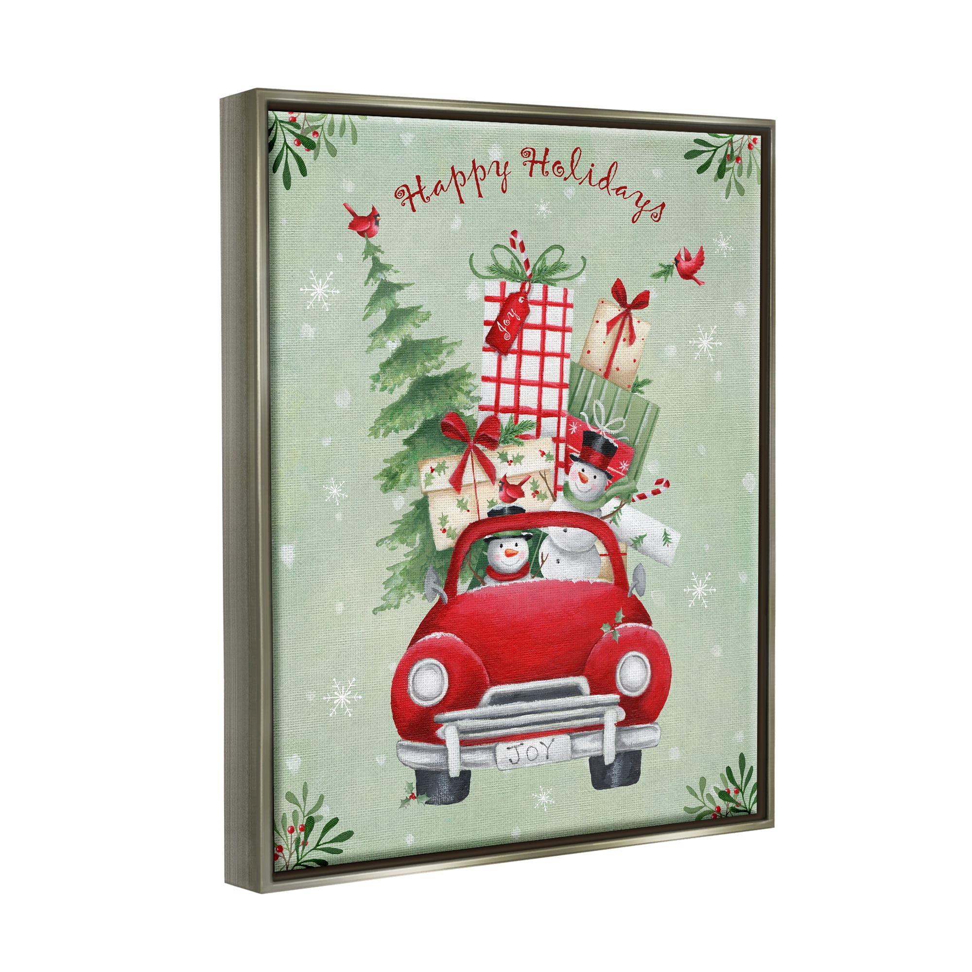 Stupell Industries Holiday Stacked Gift Car Holiday Painting Gray Floater Framed Canvas Art Print Wall Art, 25 x 31