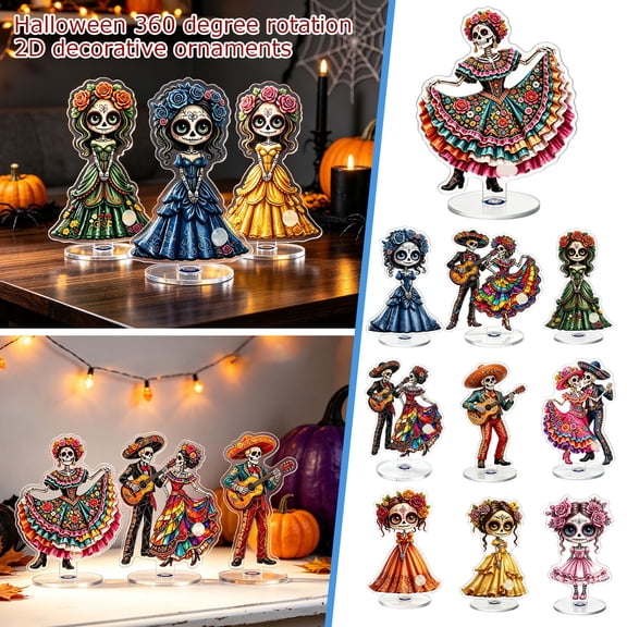 Day of The Dead Decor, Dia de Los Muertos Decorations, Sugar Skull Decor, Acrylic Stand, 4X2.5 Inch Spinning Rotating Ornament with Large Base, Rotating Shaft and 2 Small Round