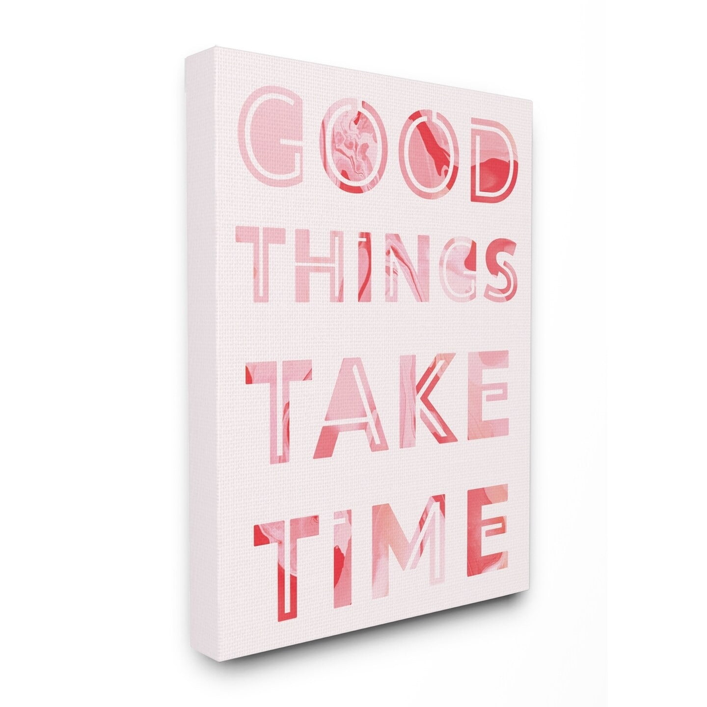 The Stupell Home Decor Collection Good Things Take Time Bright Pink Marble Cut Out Typography Stretched Canvas Wall Art, 16 x 20