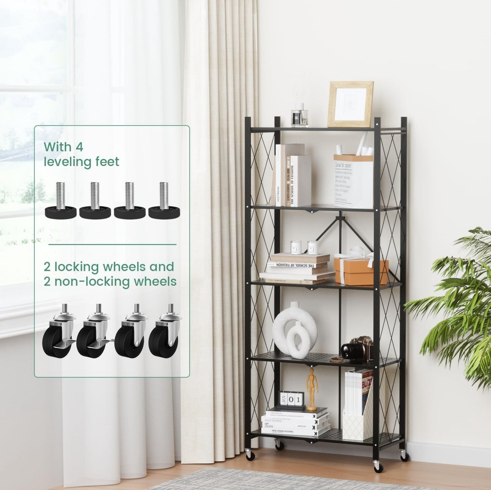 62"H 5-Tier Heavy Duty Storage Shelving Unit with Wheels, Foldable Metal Wire Rack Organizer for Garage Kitchen Pantry Basement, Black