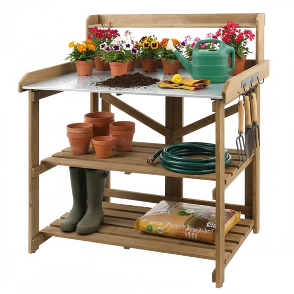 Petsblublu Garden Potting Bench Table Wooden Horticulture Outdoor Planting Work Bench with 2 Large Open Shelf