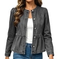 thumbnail image 4 of QIYAGBSA Denim Jacket for Women Soft Collarless Button Down Peplum Ruffle Hem Long Sleeve Slim Fit Fall Casual Outerwear Stretch Layer Everyday Wear (Gray, XL), 4 of 9